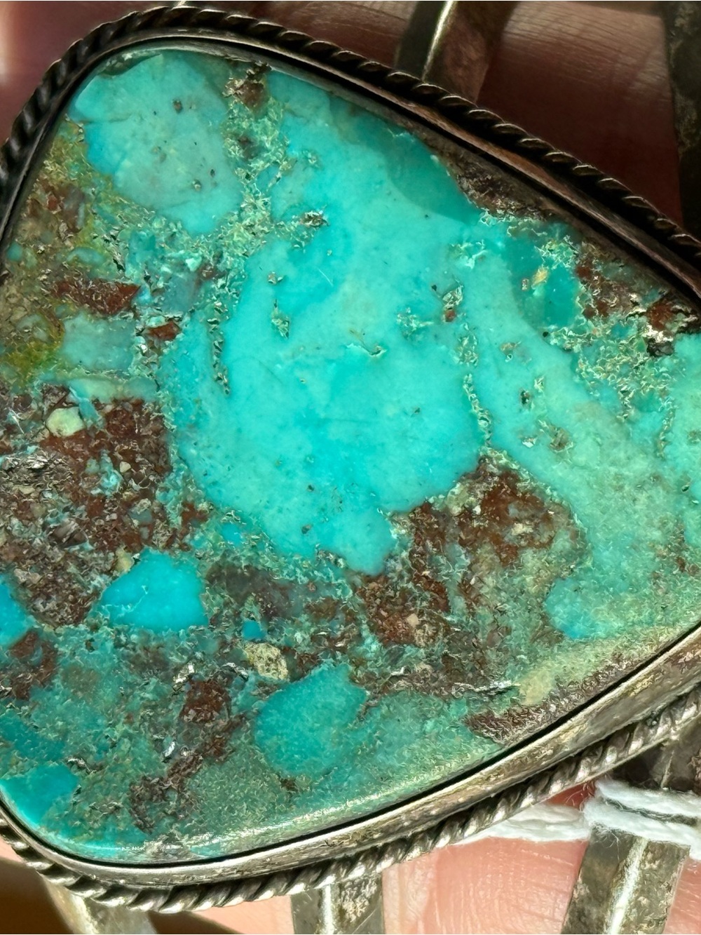 Heavy Sterling Silver Turquoise Statement Cuff Bracelet - Blue-Green Stone - Picture 3 of 5